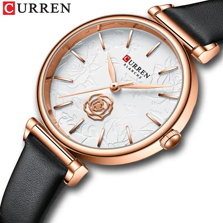 C9078L Curren White Dial Black Leather Strap Analog Quartz Women's Watch.