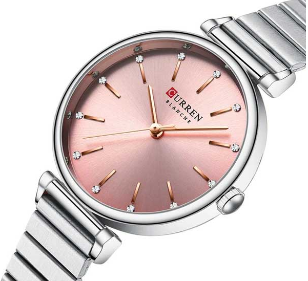 C-9081L Curren Pink Dial Silver Stainless Steel Chain Analog Quartz Women's Watch.