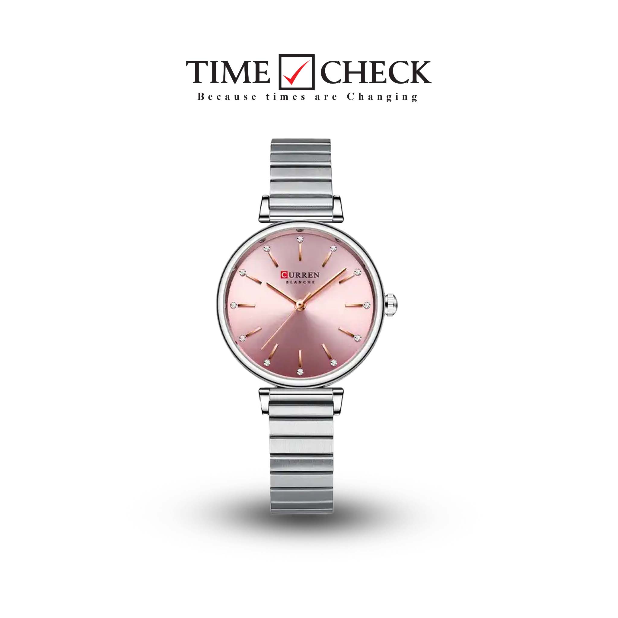 C-9081L Curren Pink Dial Silver Stainless Steel Chain Analog Quartz Women's Watch.
