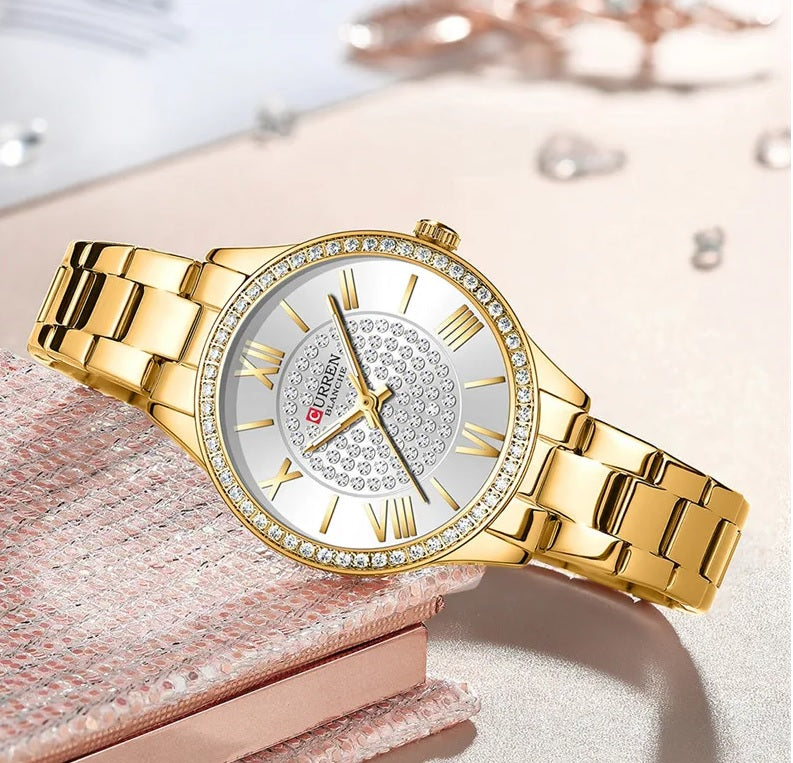 C-9084L Curren SILVER Dial Golden Stainless Chain Steel Analog Quartz Women's Watch.