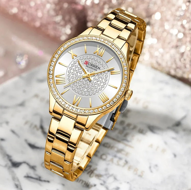 C-9084L Curren SILVER Dial Golden Stainless Chain Steel Analog Quartz Women's Watch.