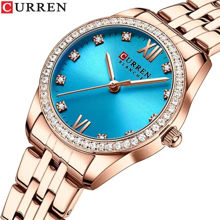C9086L Curren Aqua Dial Rose-gold Stainless Steel Chain Analog Quartz Women's Watch.