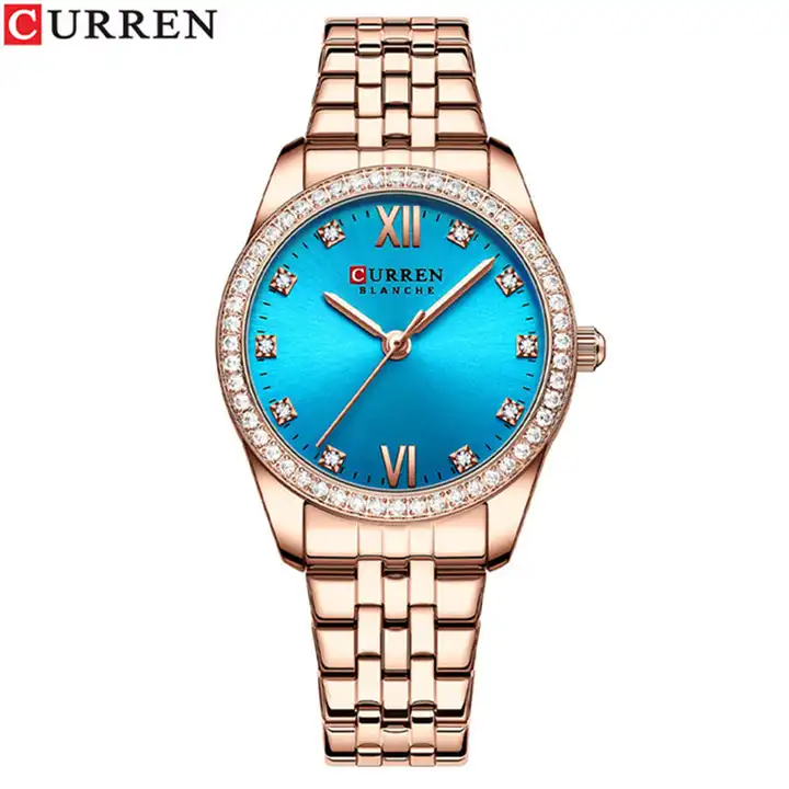 C9086L Curren Aqua Dial Rose-gold Stainless Steel Chain Analog Quartz Women's Watch.